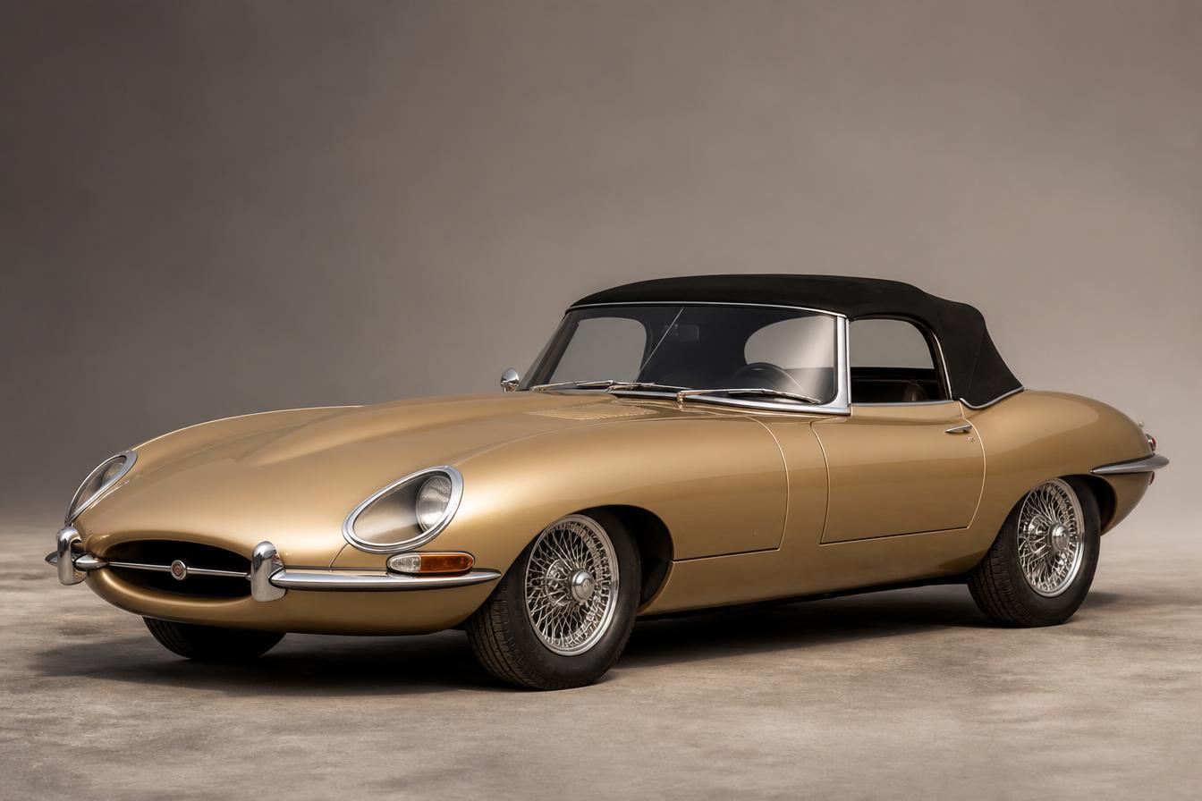 Gouden Jaguar E-Type Drop Head Coupé uit 1968